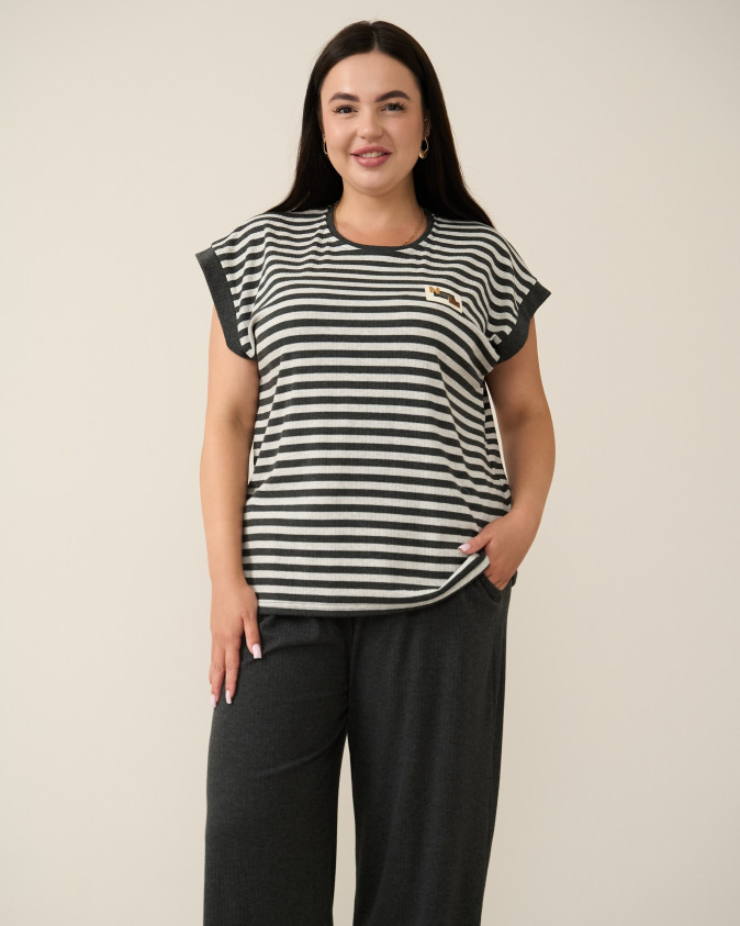 Комплект женский со штанами и футболкой - в рубчик полоска- батал