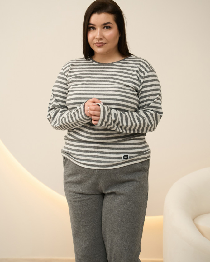 Комплект женский Plus Size со штанами - в рубчик полоска