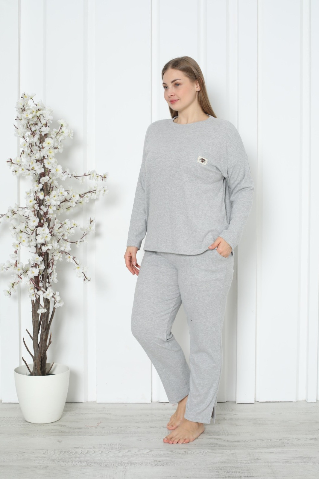 Комплект жіночий Plus Size зі штанами - в рубчик однотонний