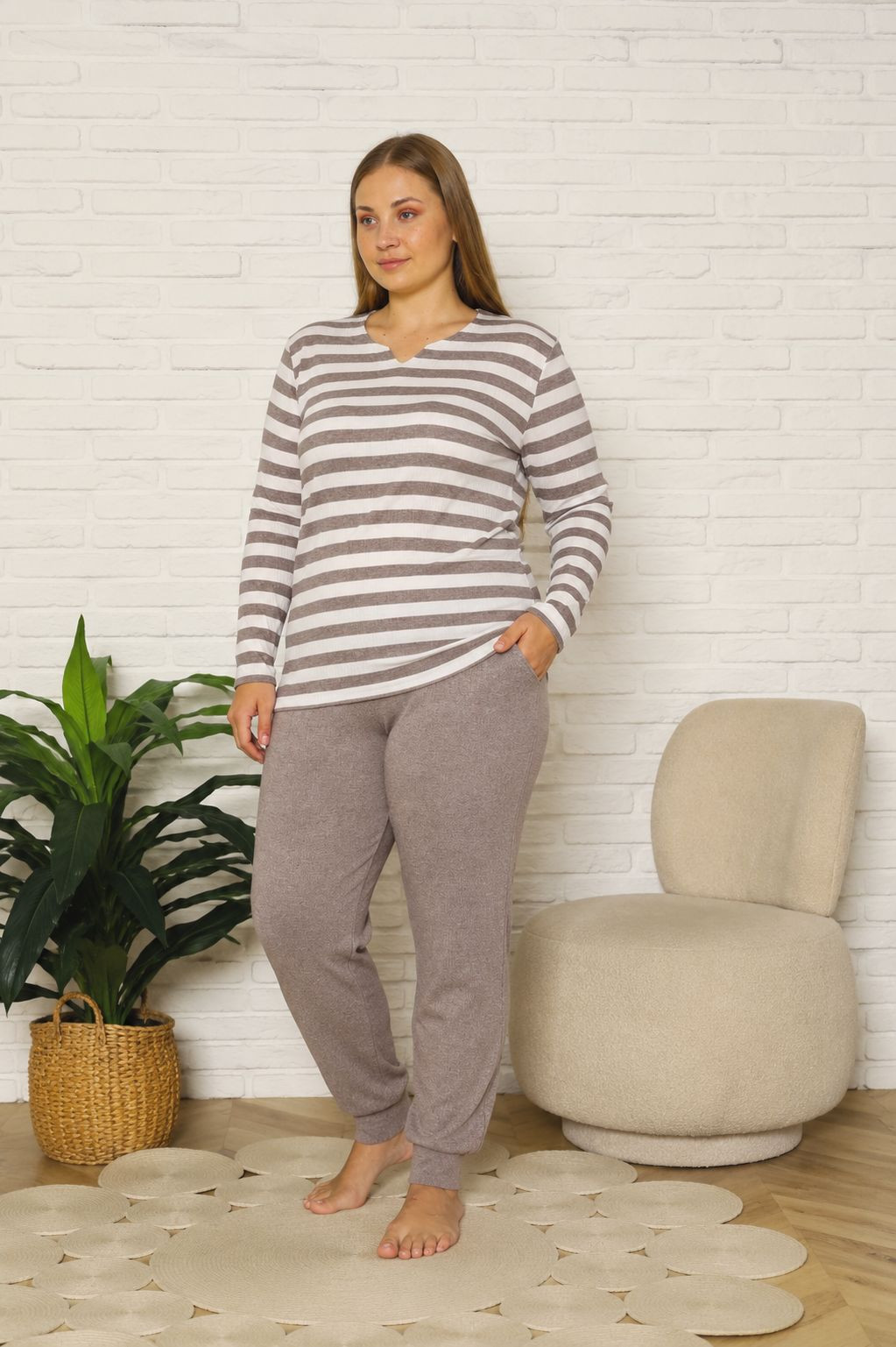 Комплект женский Plus Size со штанами - в рубчик