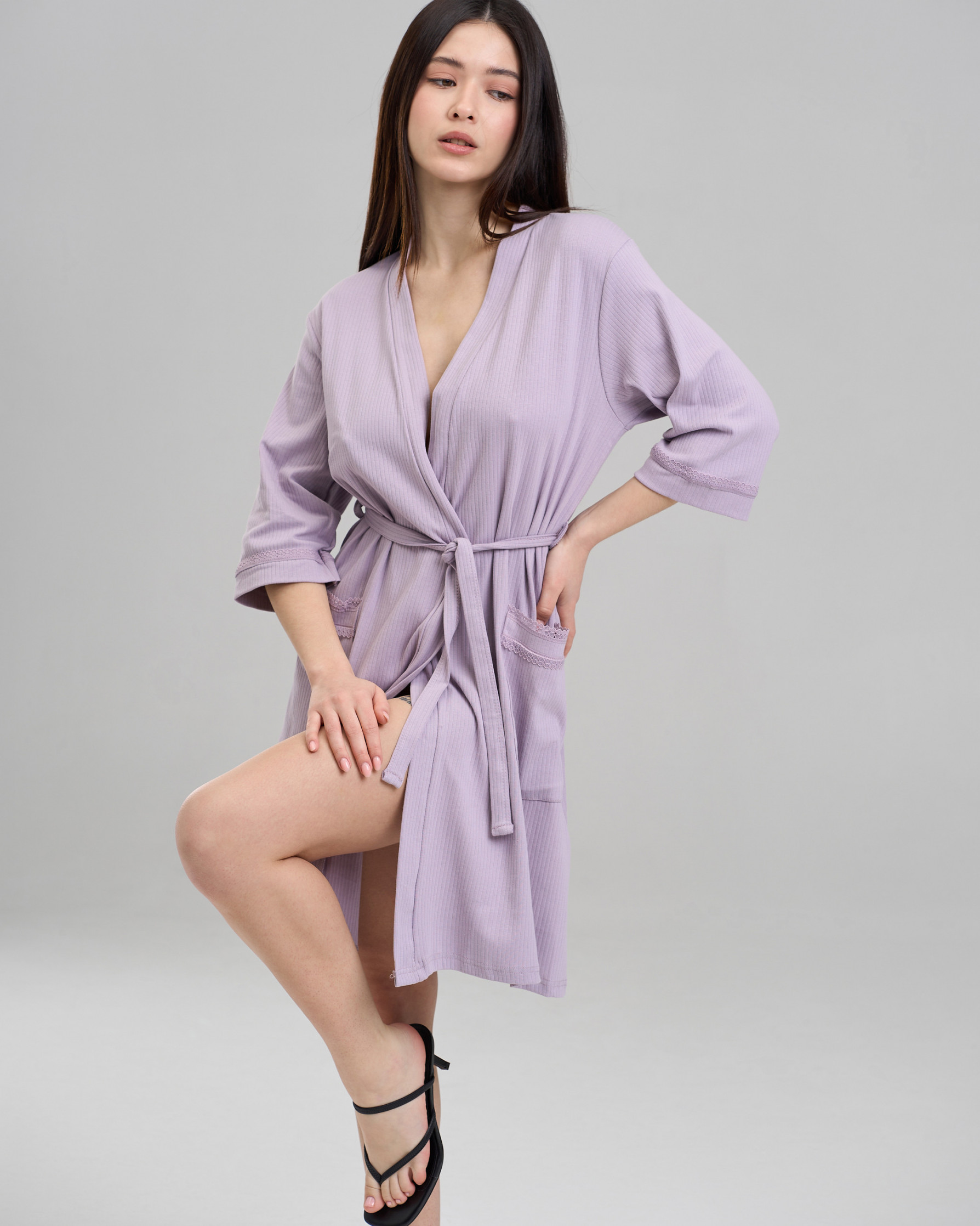 Женский однотонный халат, три цвета - В рубчик