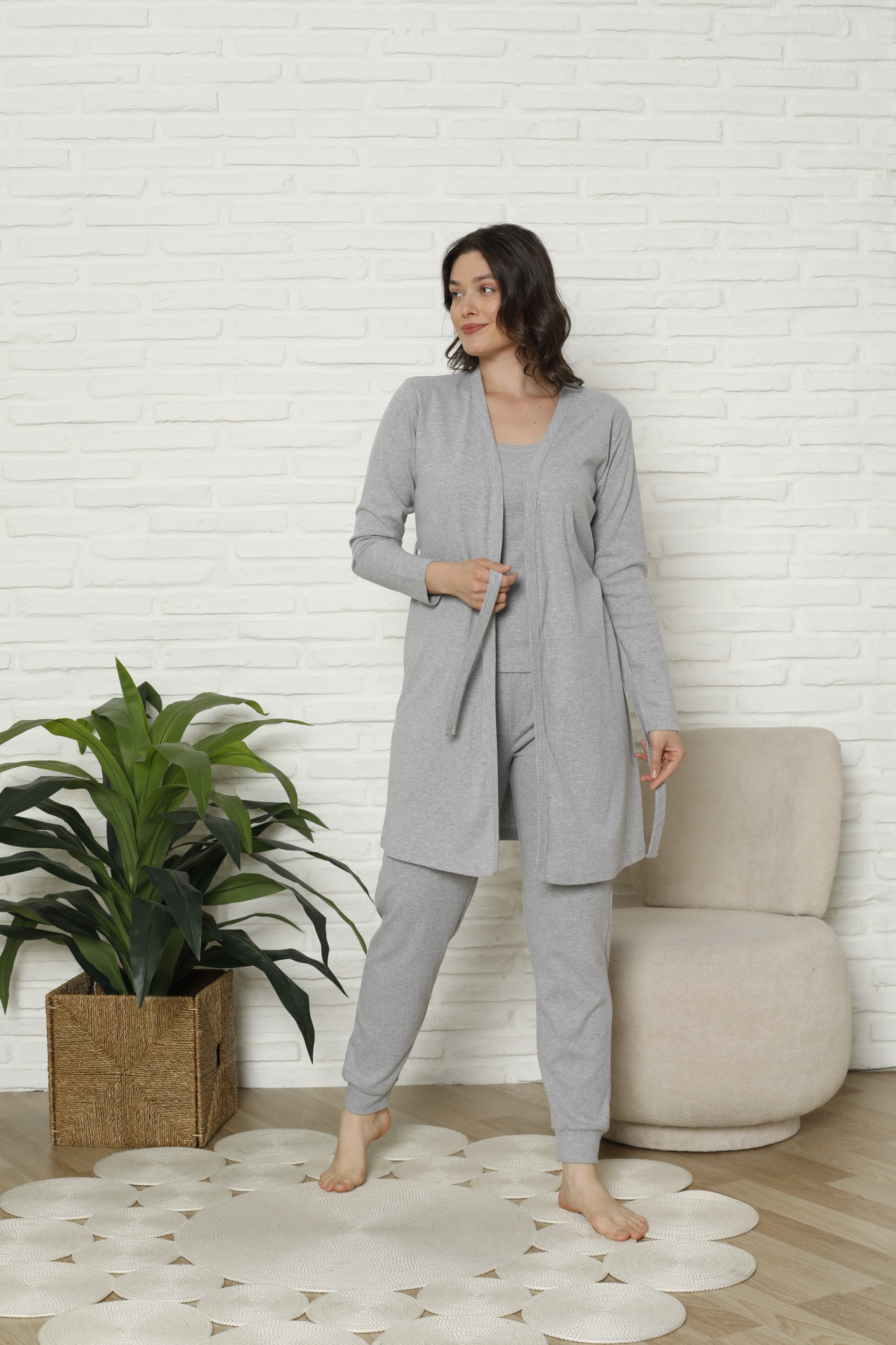 Комплект-тройка однотонный майка, штаны и халат - в рубчик