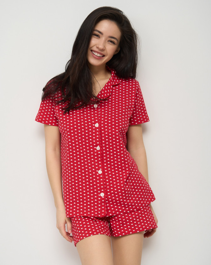 Жіночий червоний комплект з шортиками - дрібні сердечки