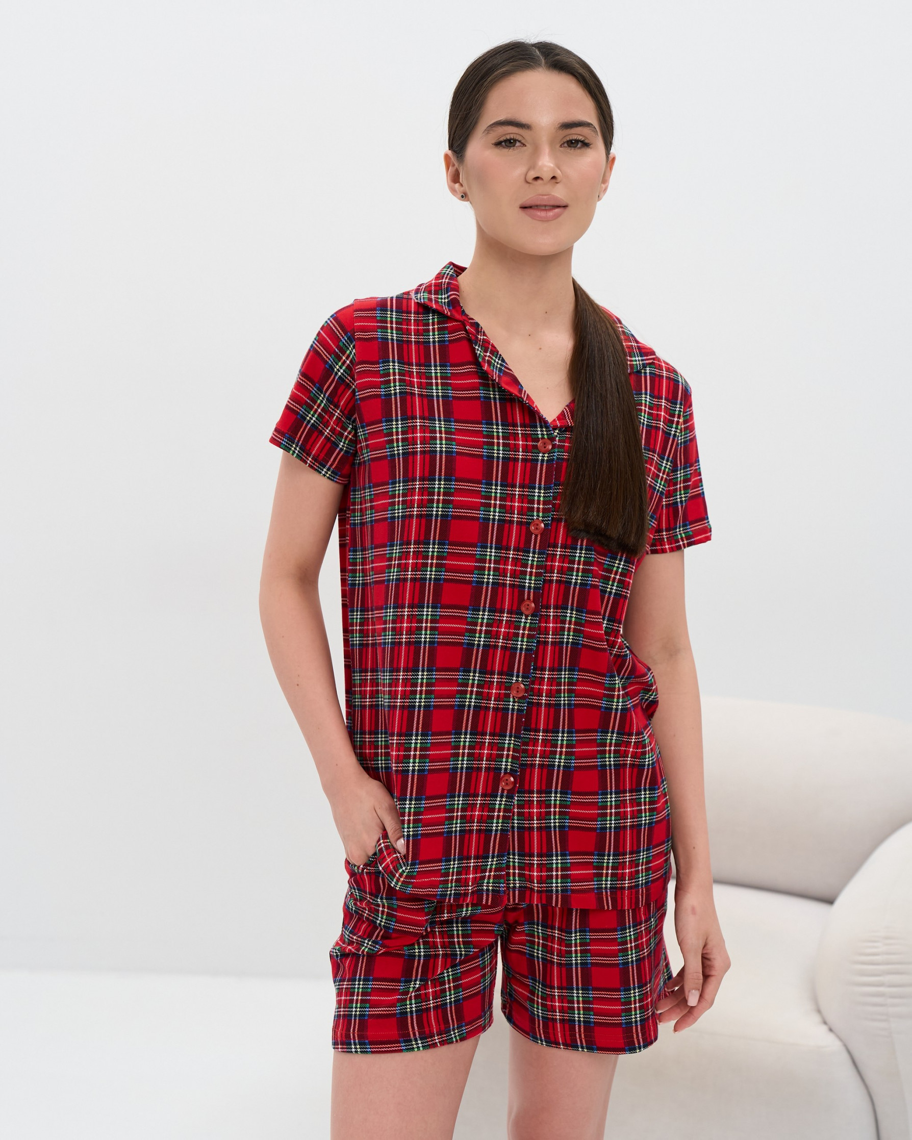 Комплект з рубашкою і шортами - Червона клітинка