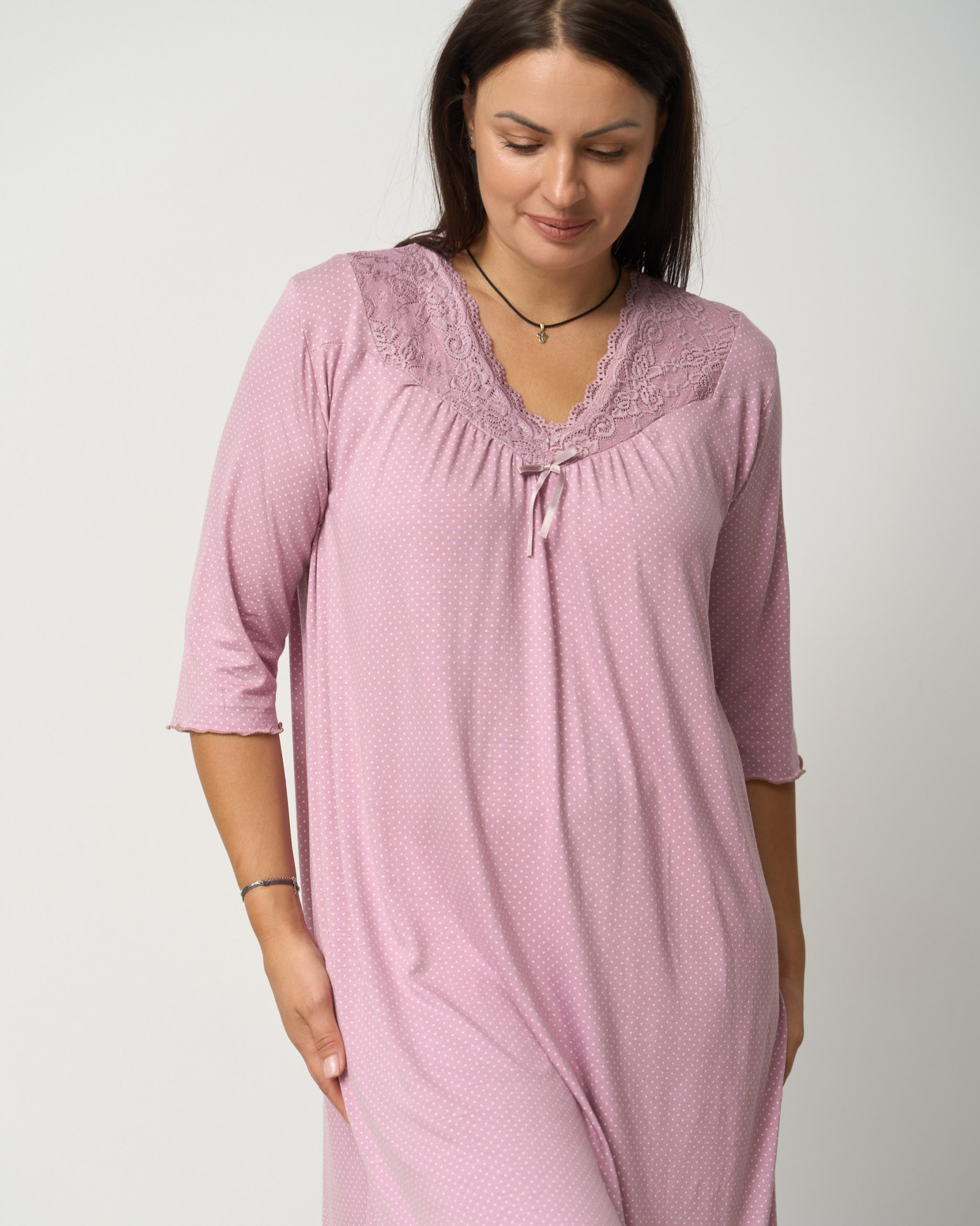 Віскозна сорочка з мереживом та рукавом 3/4 Plus Size - у горошок