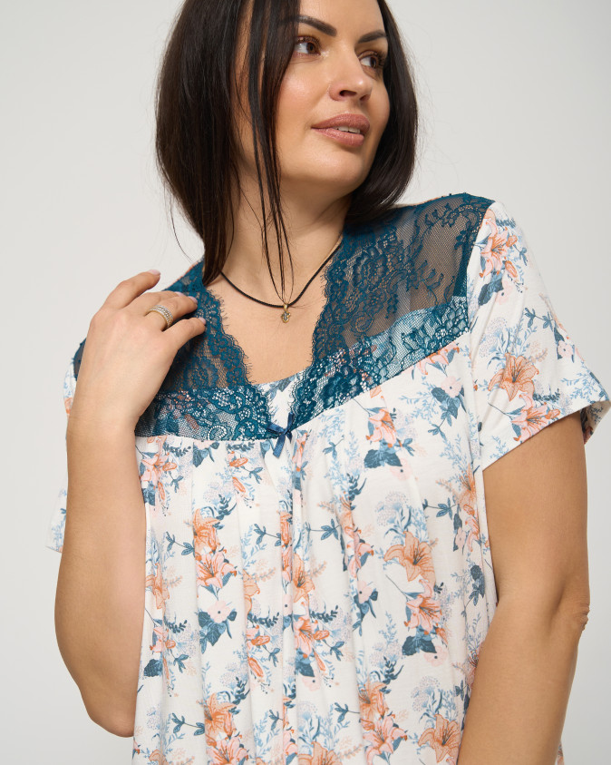 Віскозна сорочка із мереживом Plus Size - квітковий принт