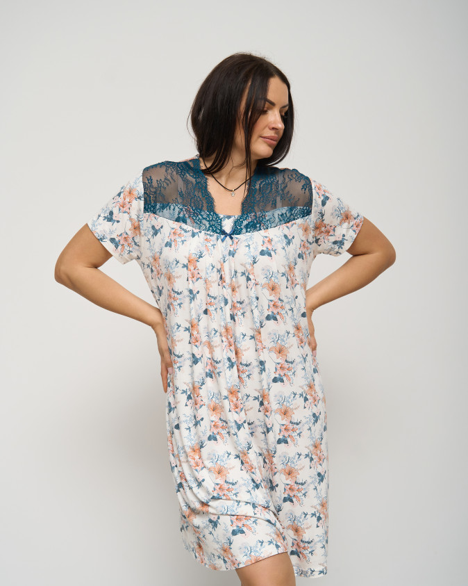 Віскозна сорочка із мереживом Plus Size - квітковий принт