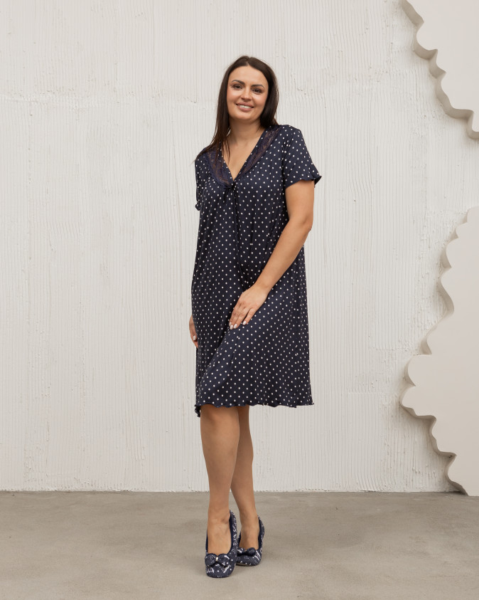 Віскозна сорочка Plus Size - темно-синя - горошок