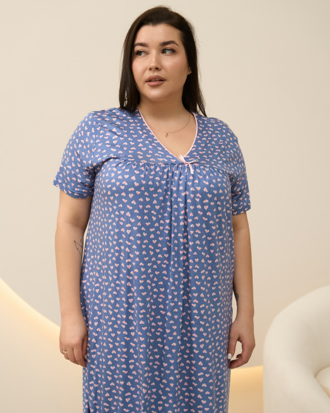 Віскозна жіноча сорочка Plus Size - синя в сердечка