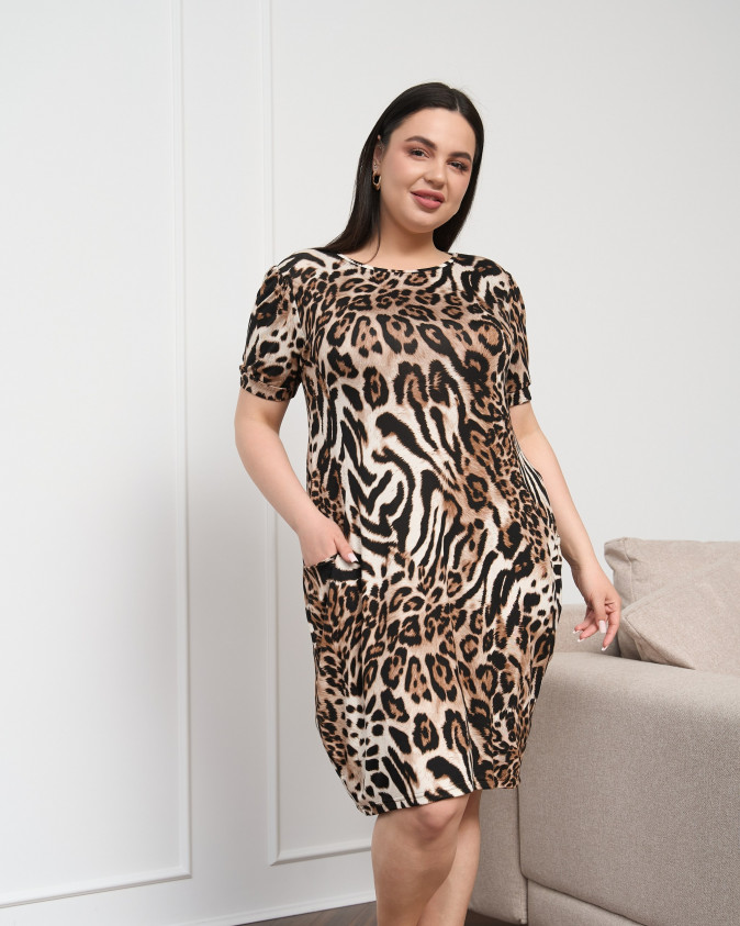 Віскозна туніка вільного крою з кишенями - леопард - Plus Size