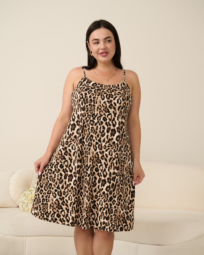 Сорочка на тонкой бретельке Plus Size - вискоза, Леопард