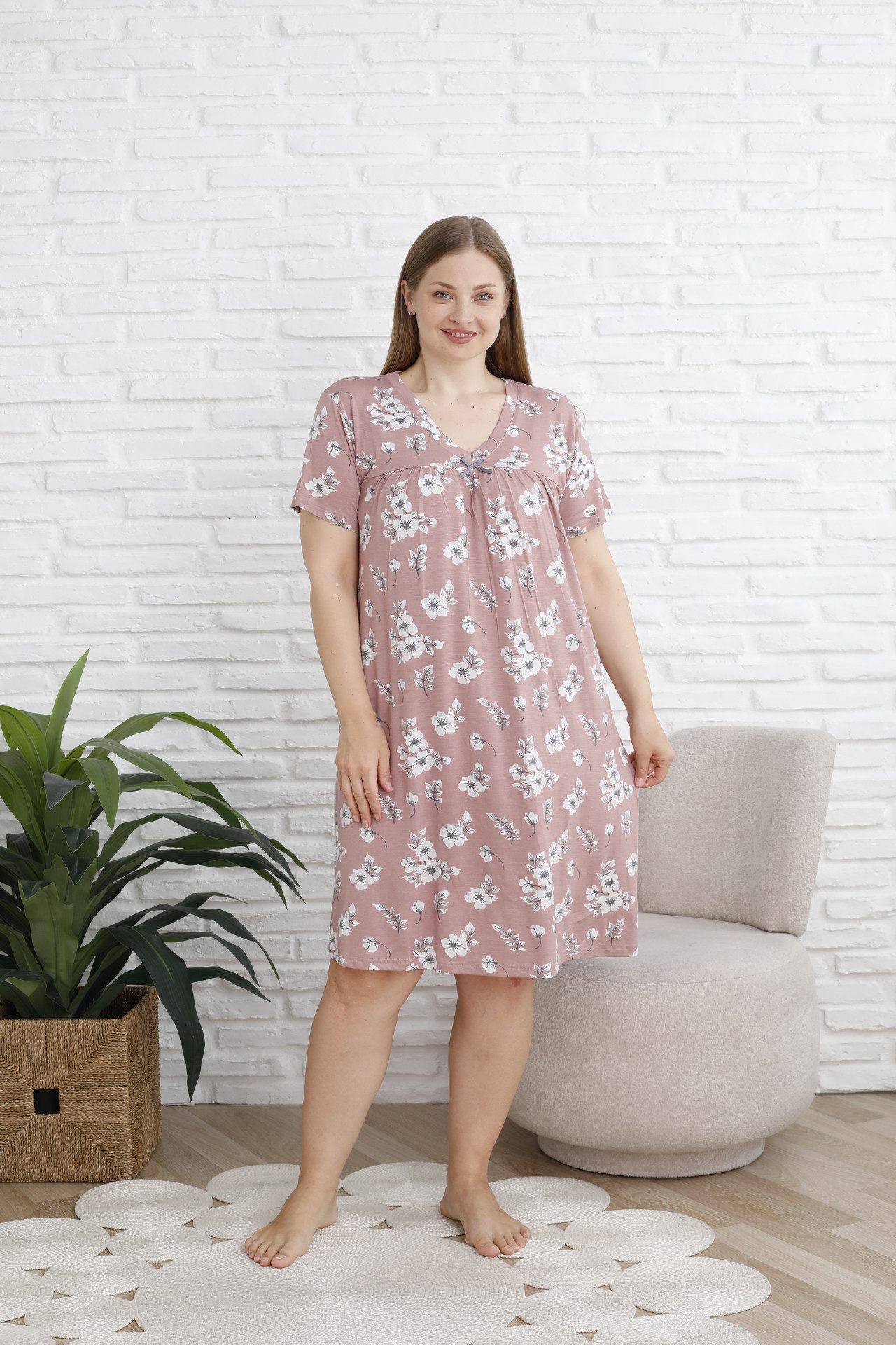 Віскозна жіноча сорочка Plus Size з рукавом - Квіти