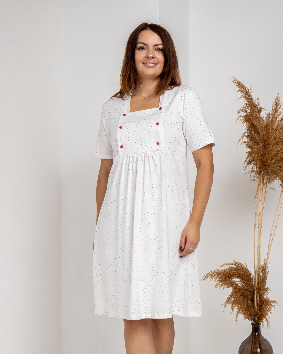 Сорочка для вагітних - біла з кольоровим горошком