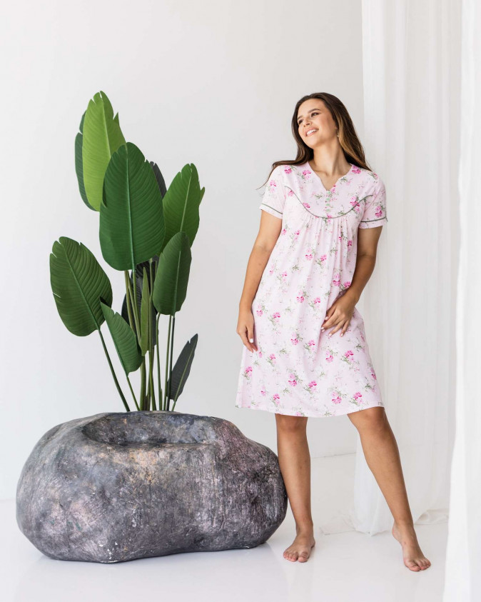 Сорочка для беременных, розовая с цветами - Интерлок