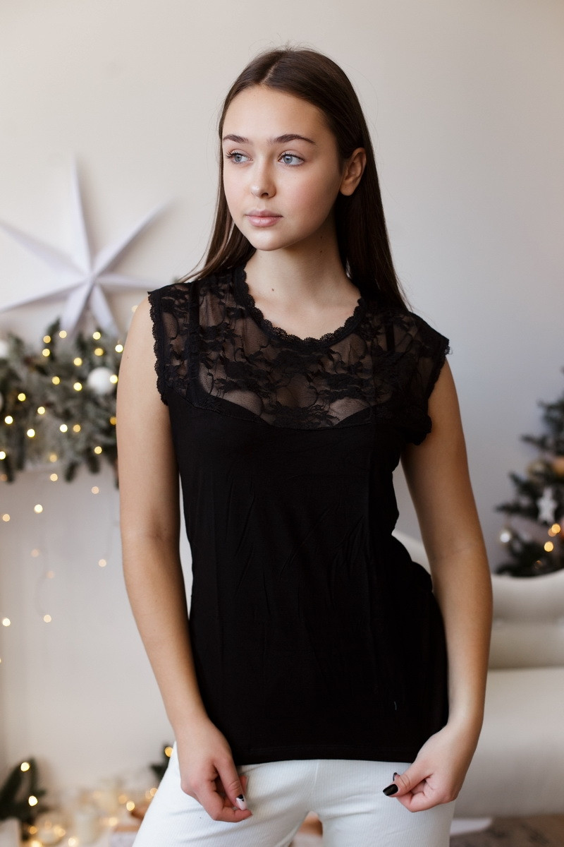 Майка жіноча мереживна спереду - Білий, Чорний