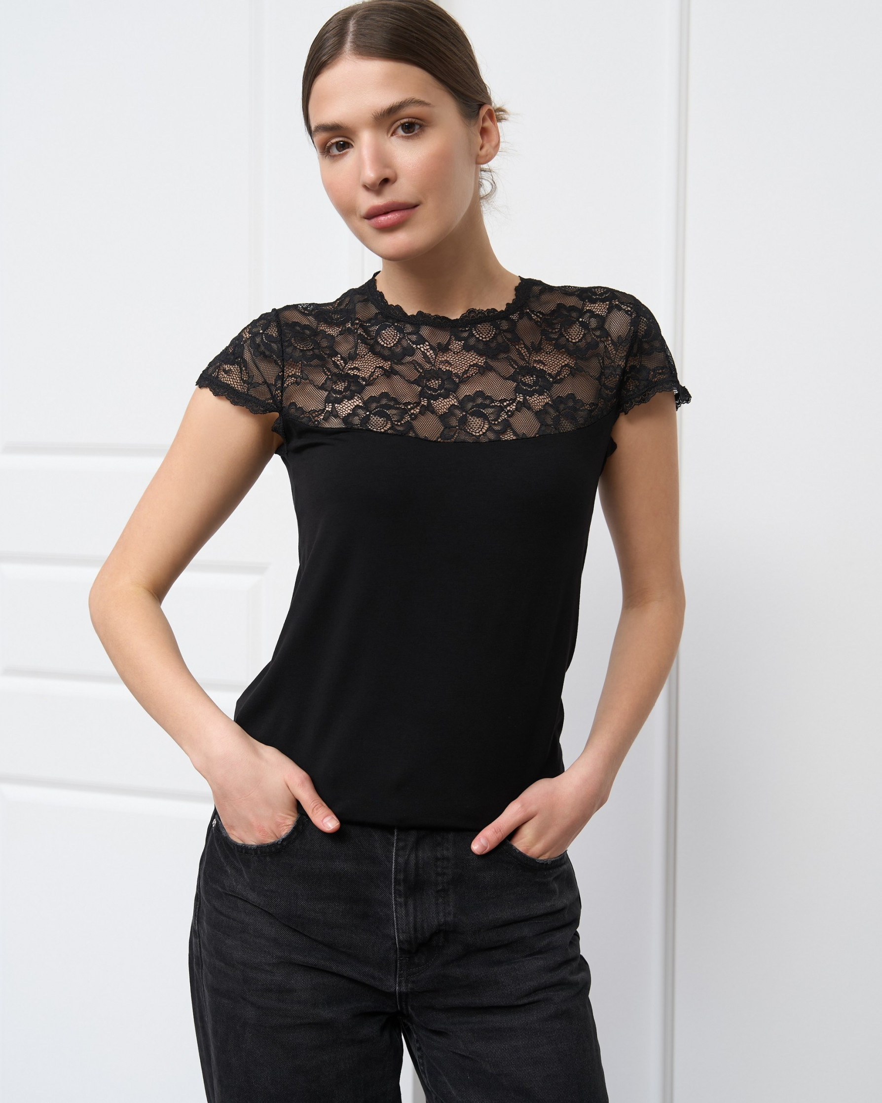 Футболка Ozkan з прозорим верхом, бел, черн - Viscose