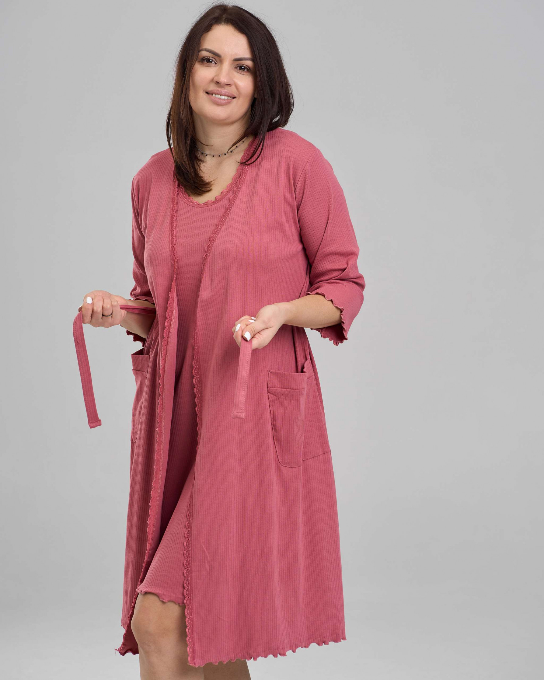 Комплект для вагітних з халатом та сорочкою - в рубчик