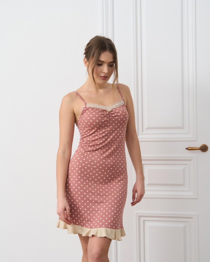 Віскозна сорочка на бретельках у горошок - рюша внизу