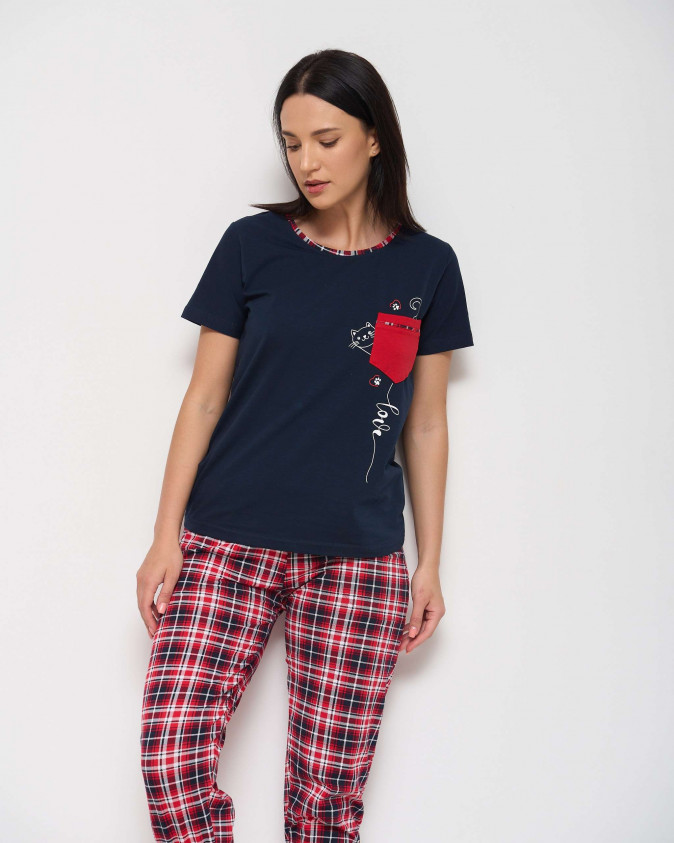 Жіночий комплект з капрі в клітинку - Котик на кишені