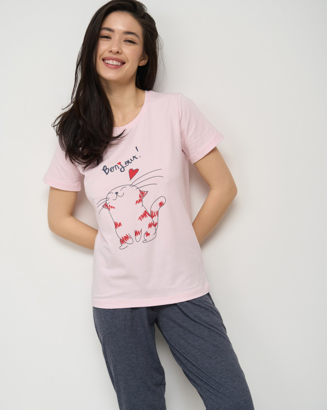 Жіночий комплект з капрі - Закоханий котик - Family look мама/донька