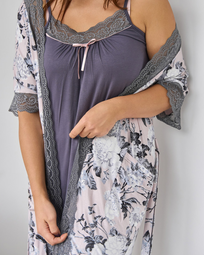 Комплект халат і сорочка батал - Темні квіти - Віскоза