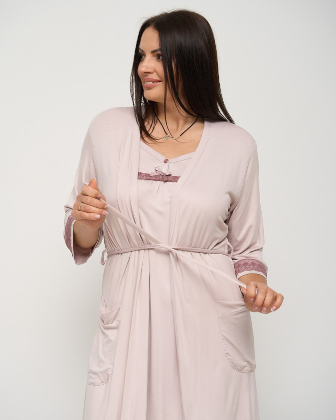 Комплект халат і сорочка однотонний Plus Size - Віскоза з бантиком