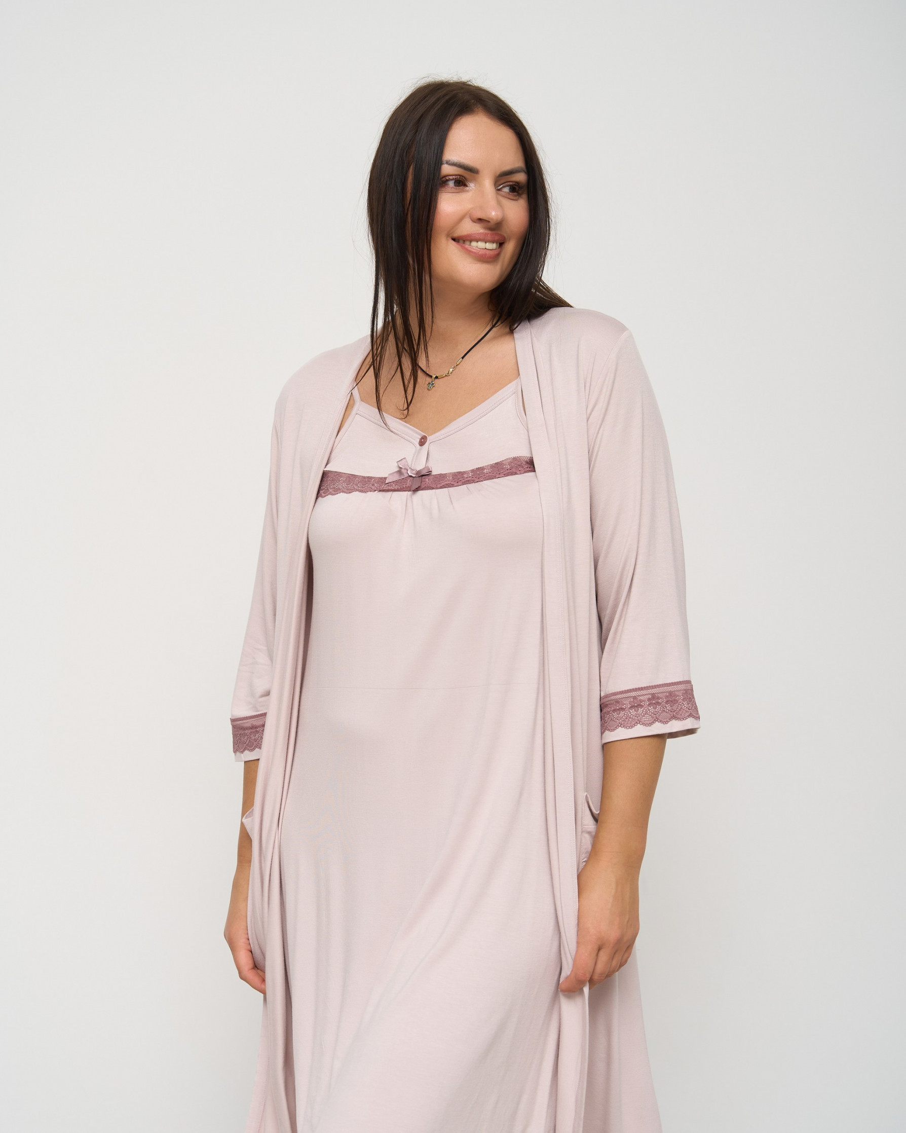 Комплект халат и сорочка однотонный Plus Size - Вискоза с бантиком