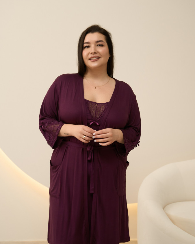 Комплект халат + сорочка однотонний мереживо Plus Size - Віскоза