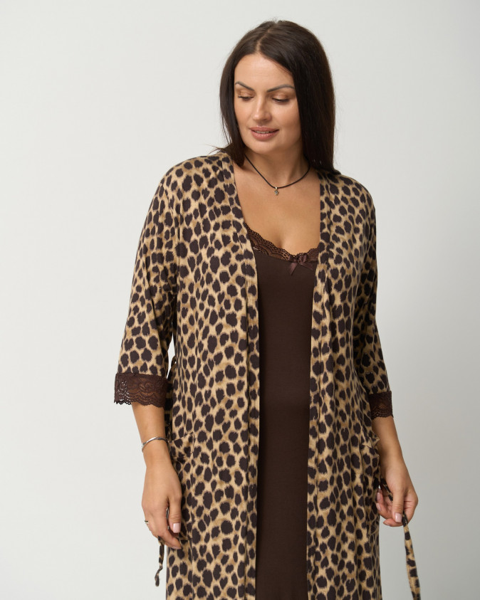 Комплект сорочка і халат леопард Plus Size - Віскоза