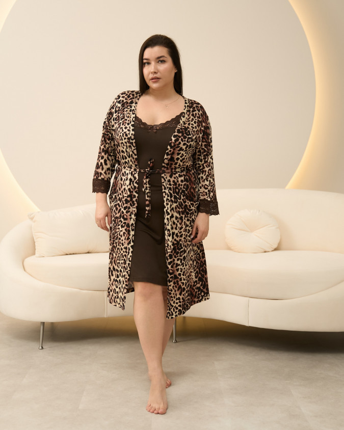 Комплект віскозний сорочка та халат Plus size - Леопард