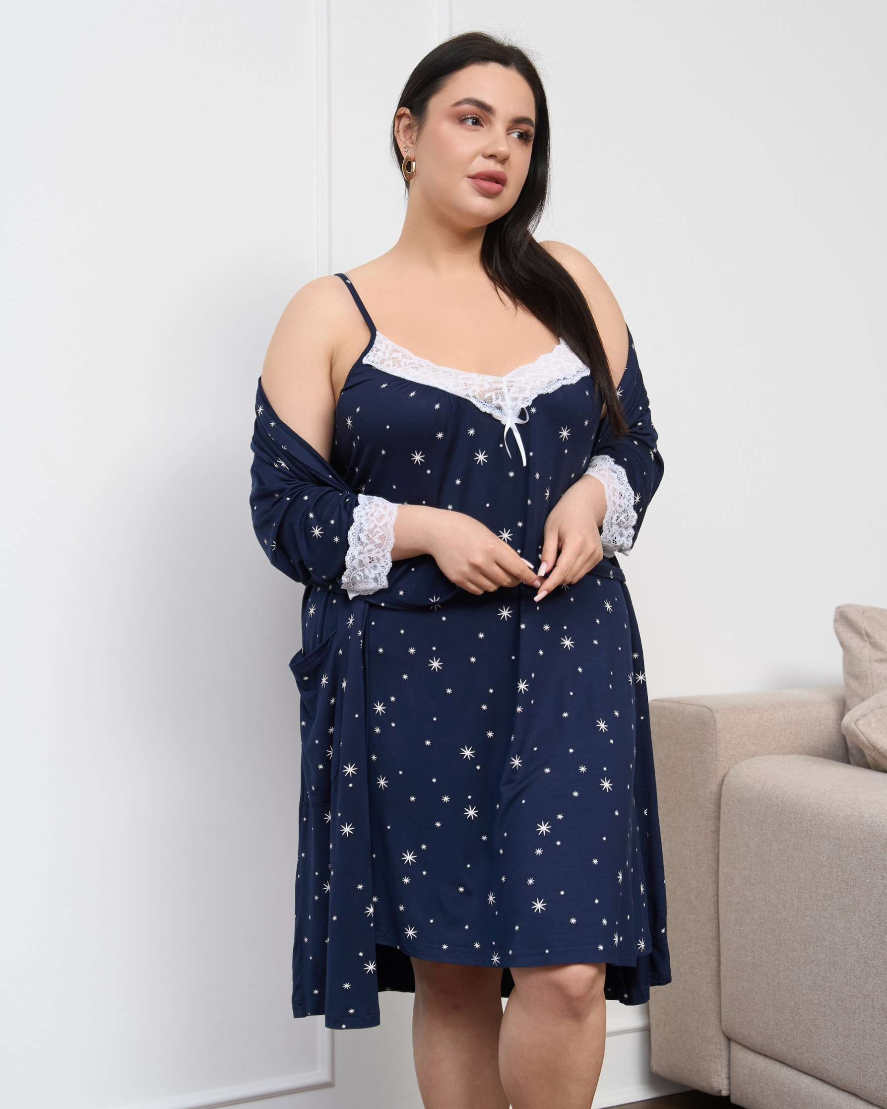 Комплект халат и сорочка Plus Size - Вискоза - звёзды