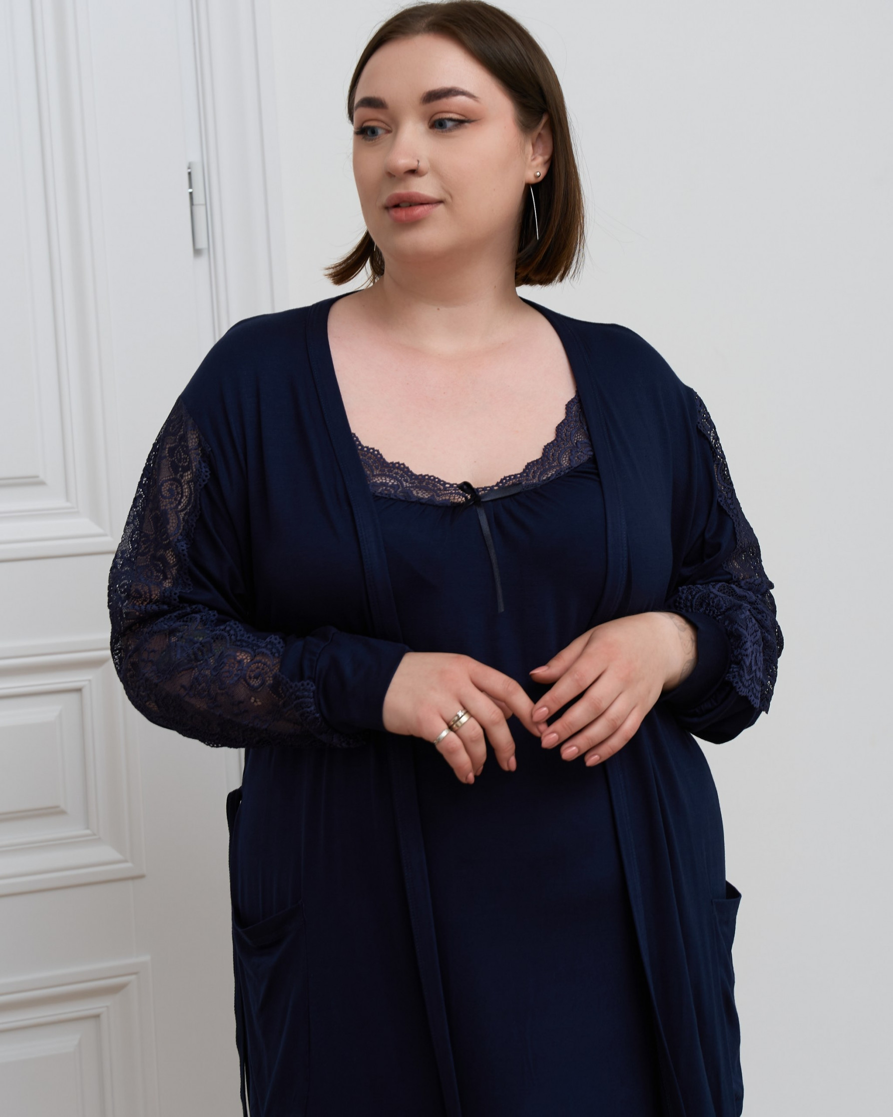 Комплект сорочка та халат з мереживом Plus size - Віскоза