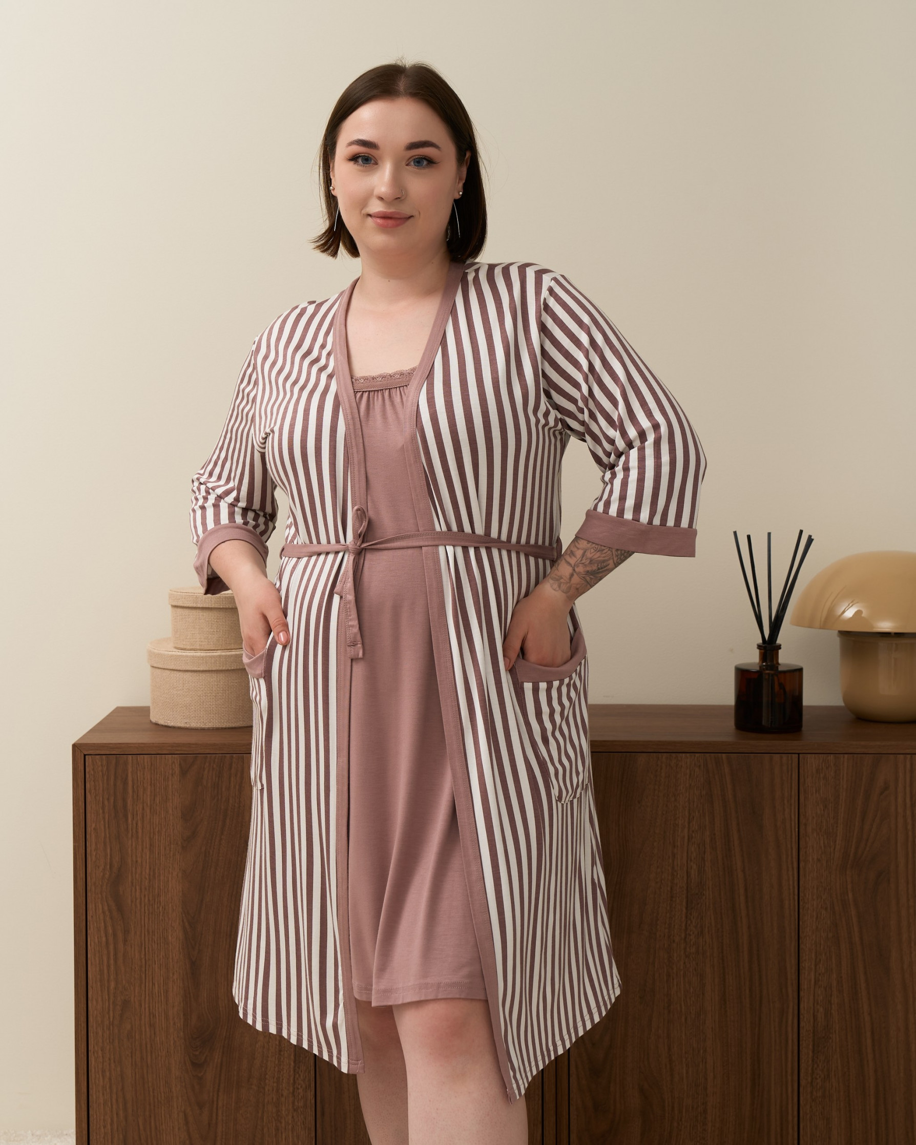 Комплект сорочка та халат у смужку Plus size - Віскоза
