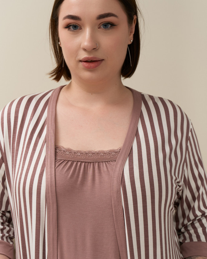 Комплект сорочка и халат в полоску Plus size - Вискоза