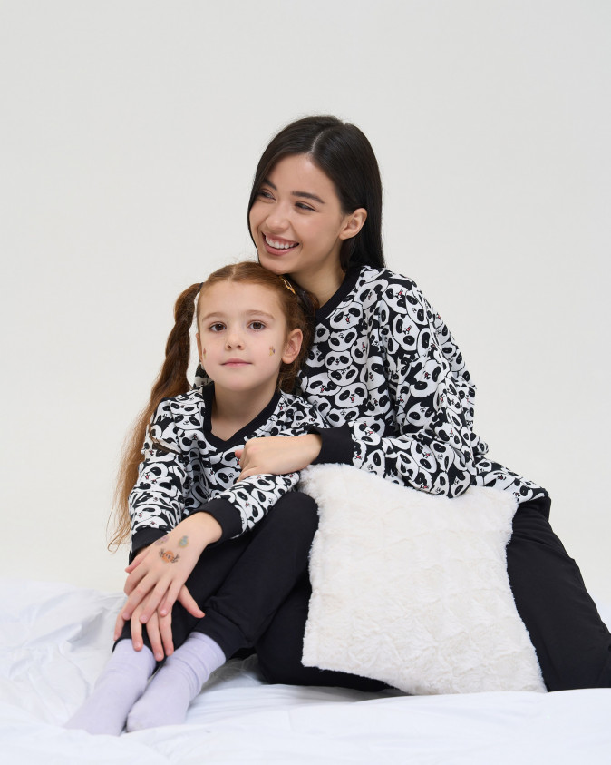 Комплект на дівчинку зі штанами Байка з начосом - Панди - Family look - Мама/донька