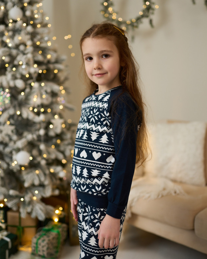 Детская пижама на девочку со штанами - Новогодний орнамент - Family look для семьи