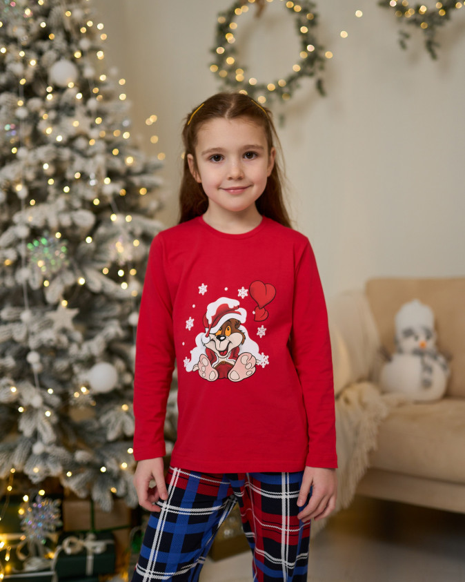 Дитяча піжама на дівчинку зі штанами - Новорічний ведмедик - Family look мама/донька