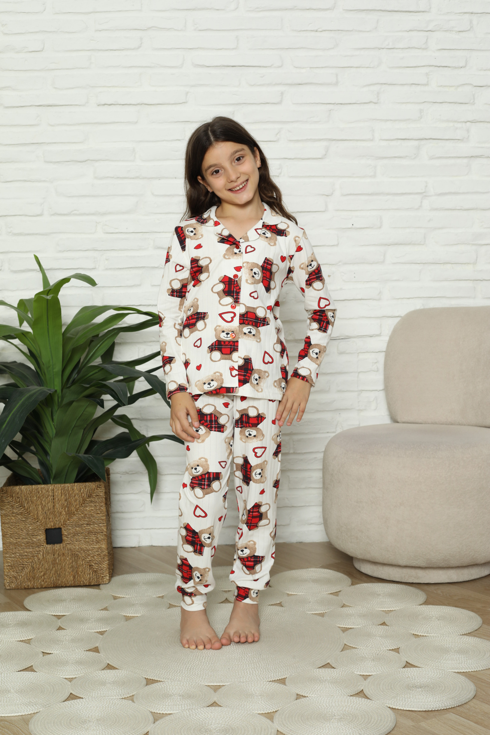 Дитяча піжама на дівчинку - Ведмедики - в рубчик - Family look мама/донька 