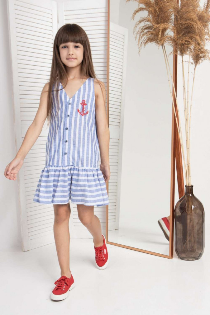 Смугасте плаття на дівчинку - морський принт - Поплін