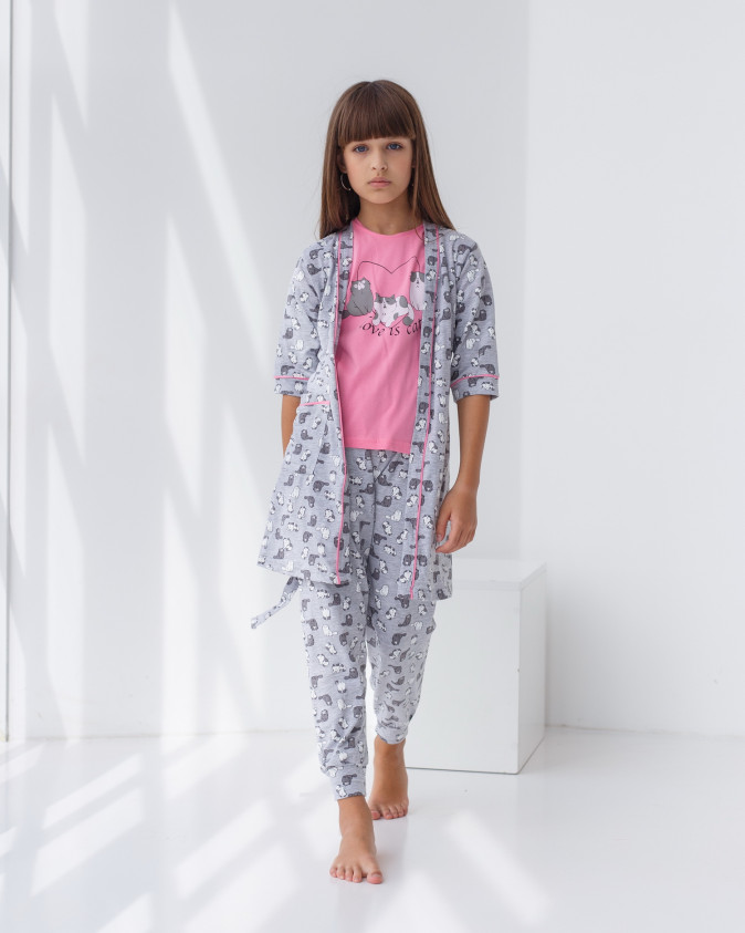 Комплект-трійка з халатом на дівчинку - котики