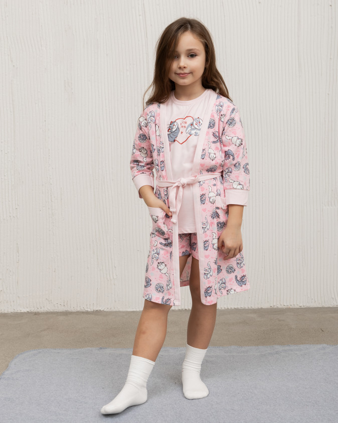 Комплект-трійка з халатом на дівчинку - Котики