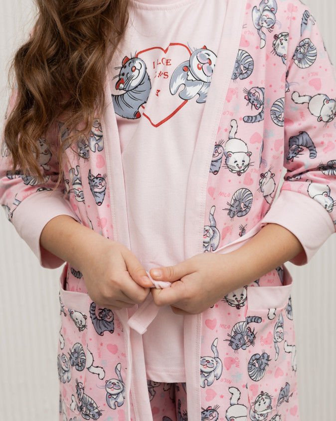 Комплект-трійка з халатом на дівчинку - Котики