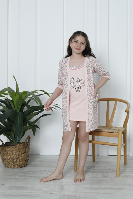 Комплект з сорочкою і халатом на дівчинку - Котики