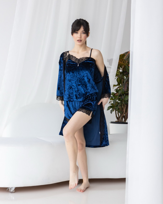 Комплект-трійка з шортами і халатом - мармуровий велюр