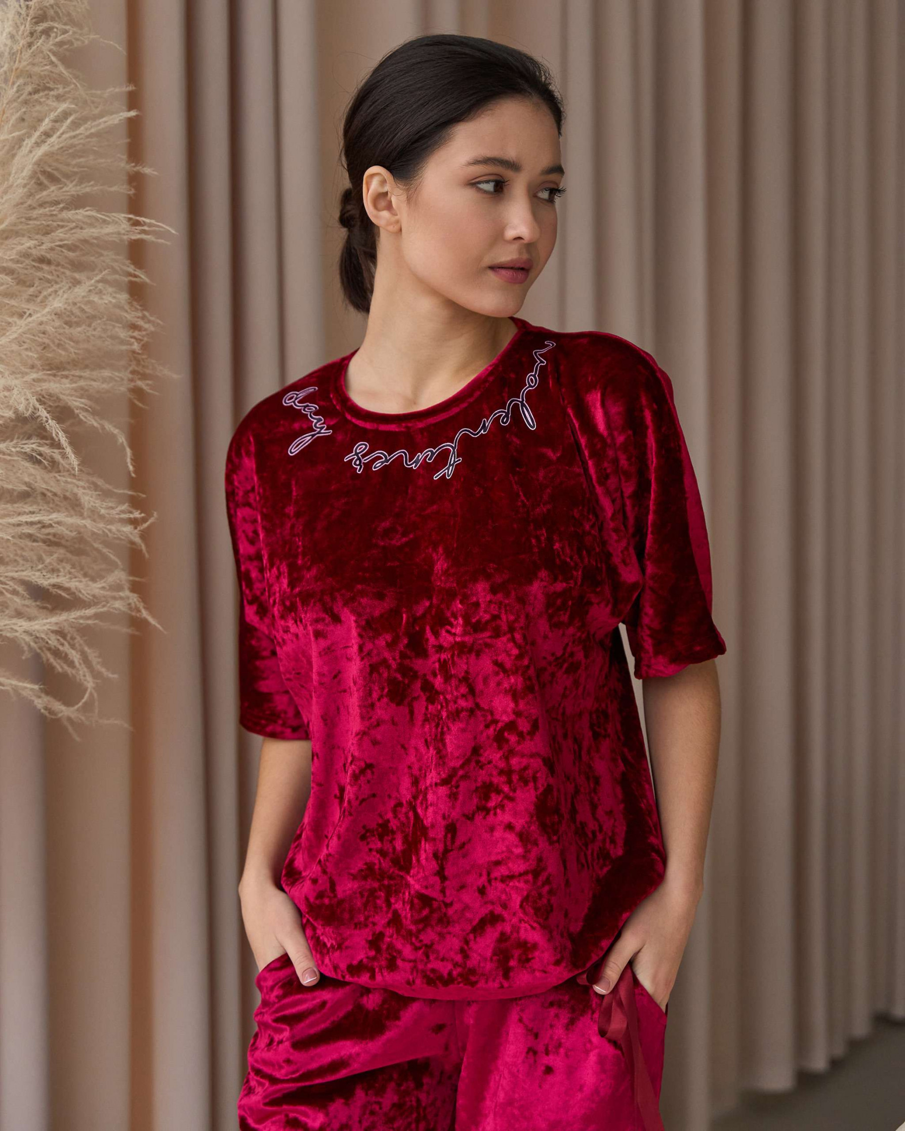 Комплект зі штанами і футболкою на зав'язці - мармуровий велюр