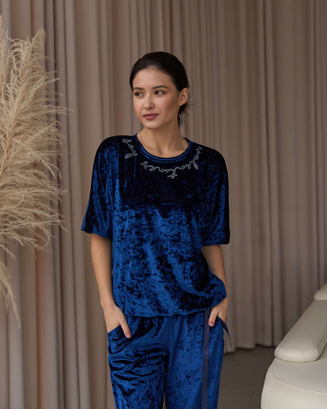 Комплект со штанами и футболкой на завязке - мраморный велюр