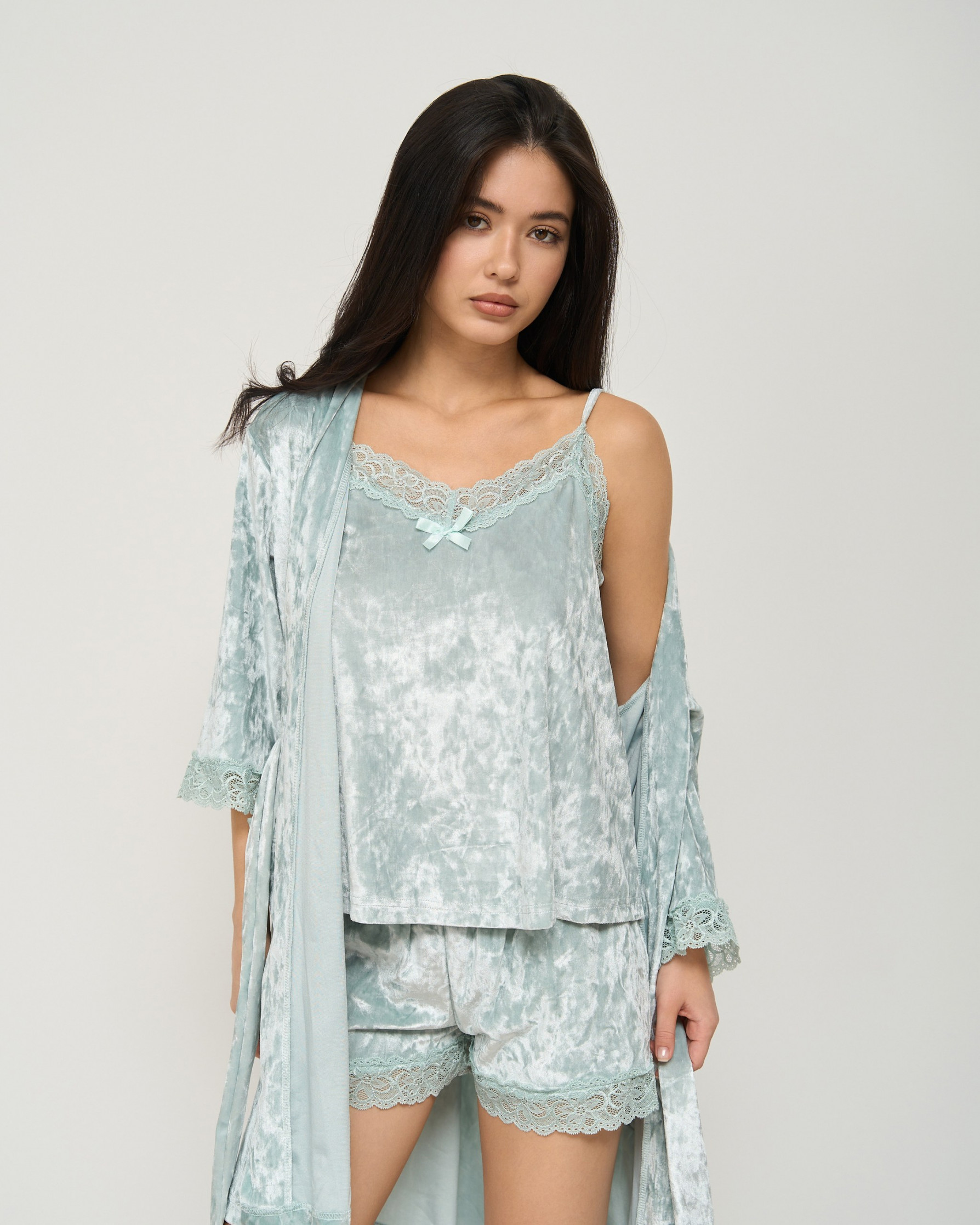 Нежный кружевной комплект-тройка с шортами  - мраморный велюр