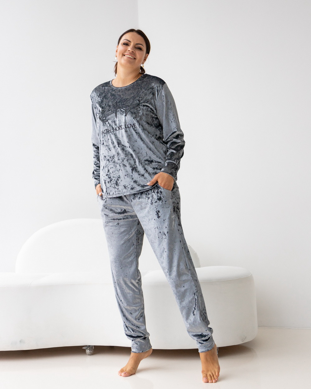 Комплект жіночий Plus Size зі штанами - мармуровий велюр