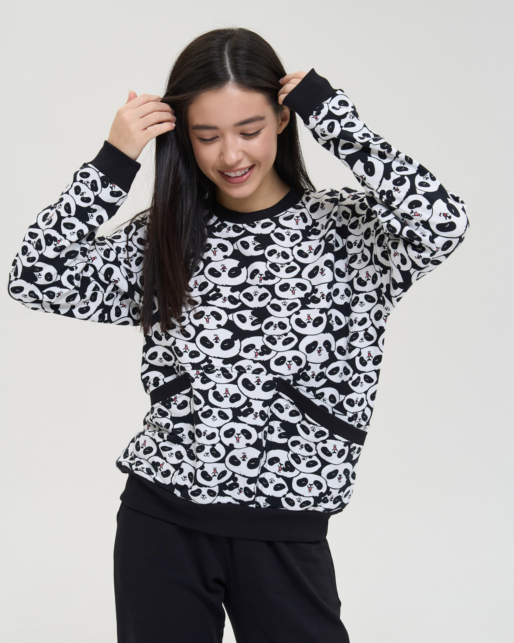 Жіноча піжама зі штанами - Байка з начосом - Панди - Family look - Мама/донька