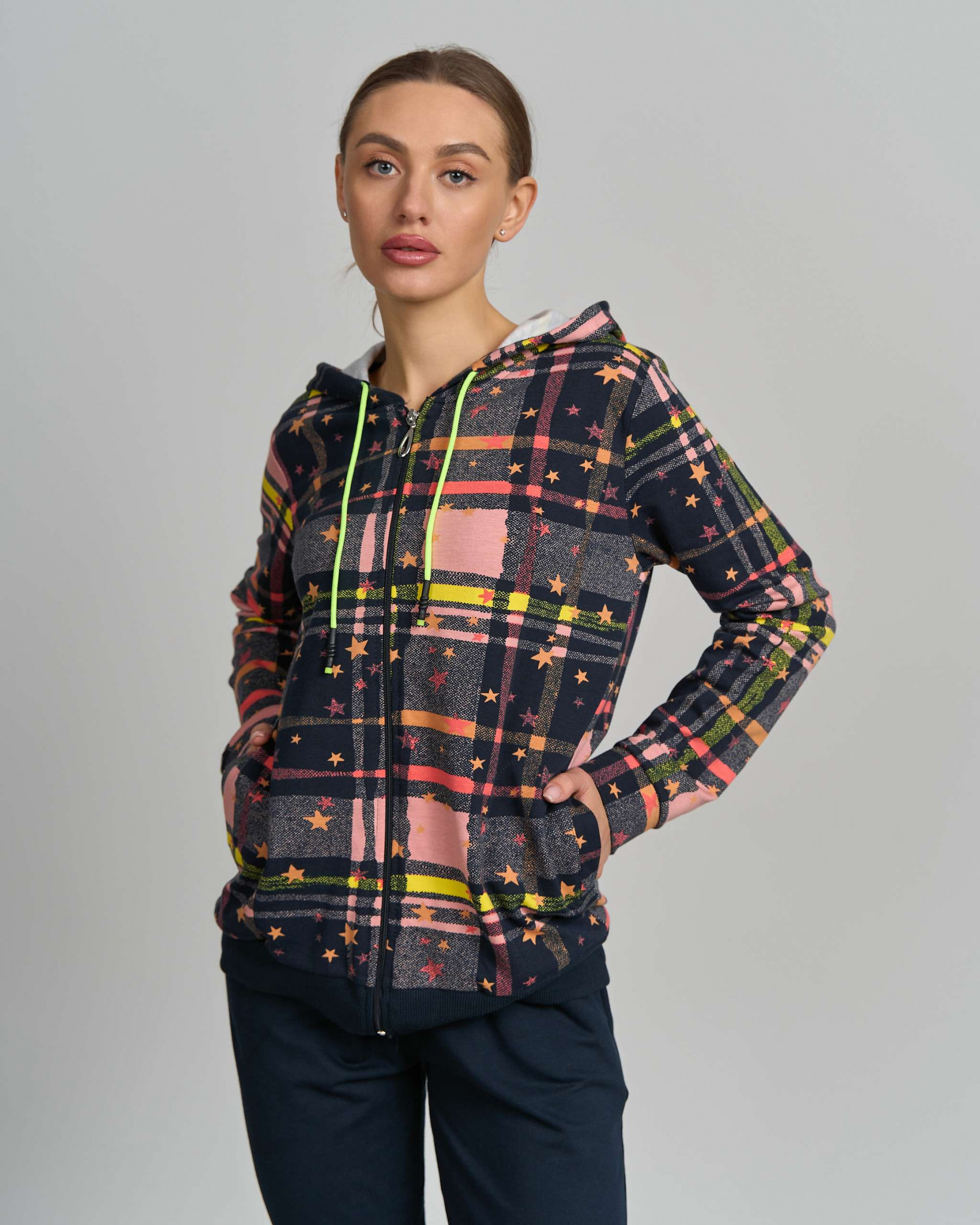 Спортивный костюм на молнии с капюшоном-Байка-клетка